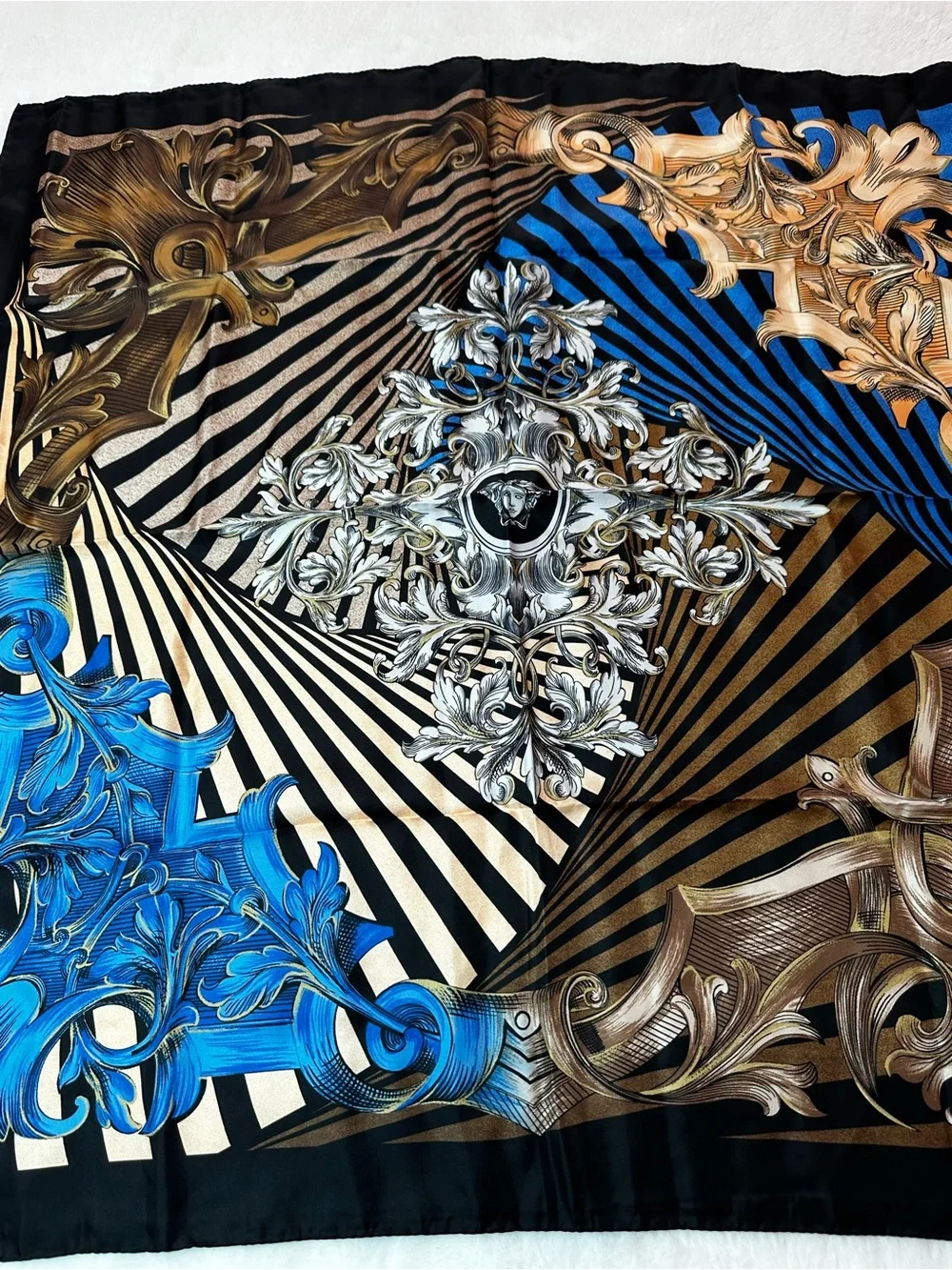 Versace Silk Medallion Scarf in Blue, Gold & Black